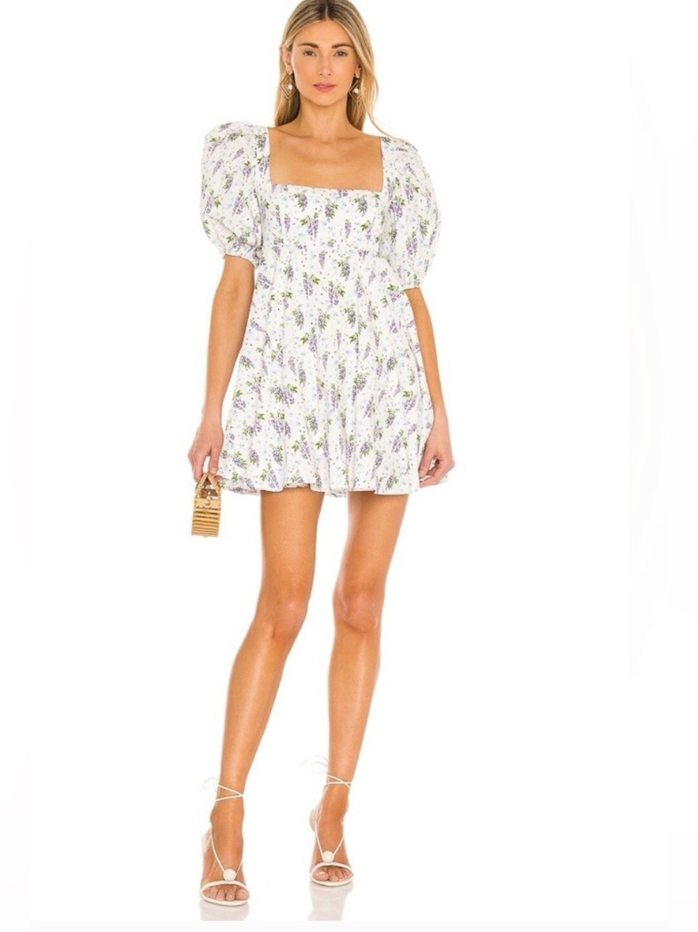 Sau Lee Alyssa Floral Mini Dress White Purple Puff Sleeve Size 4 100% Cotton